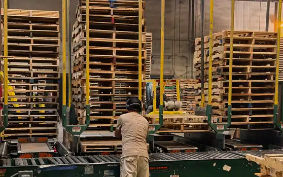 Workers handling a wooden pallet beside stacked pallets in a production facility
