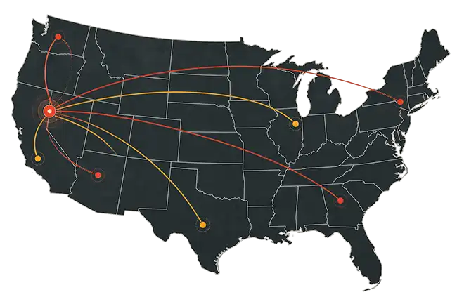 Illustrative U.S. map showing partner-supported reach extending from Reno, Nevada; markers and lines do not represent exact locations or routes