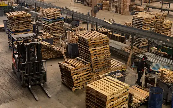 Sierra Pallet production floor with pallet inventory and manufacturing equipment