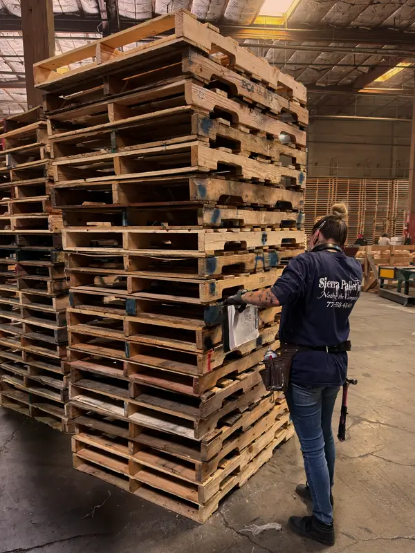 Inventory of stacked used and reconditioned wooden pallets